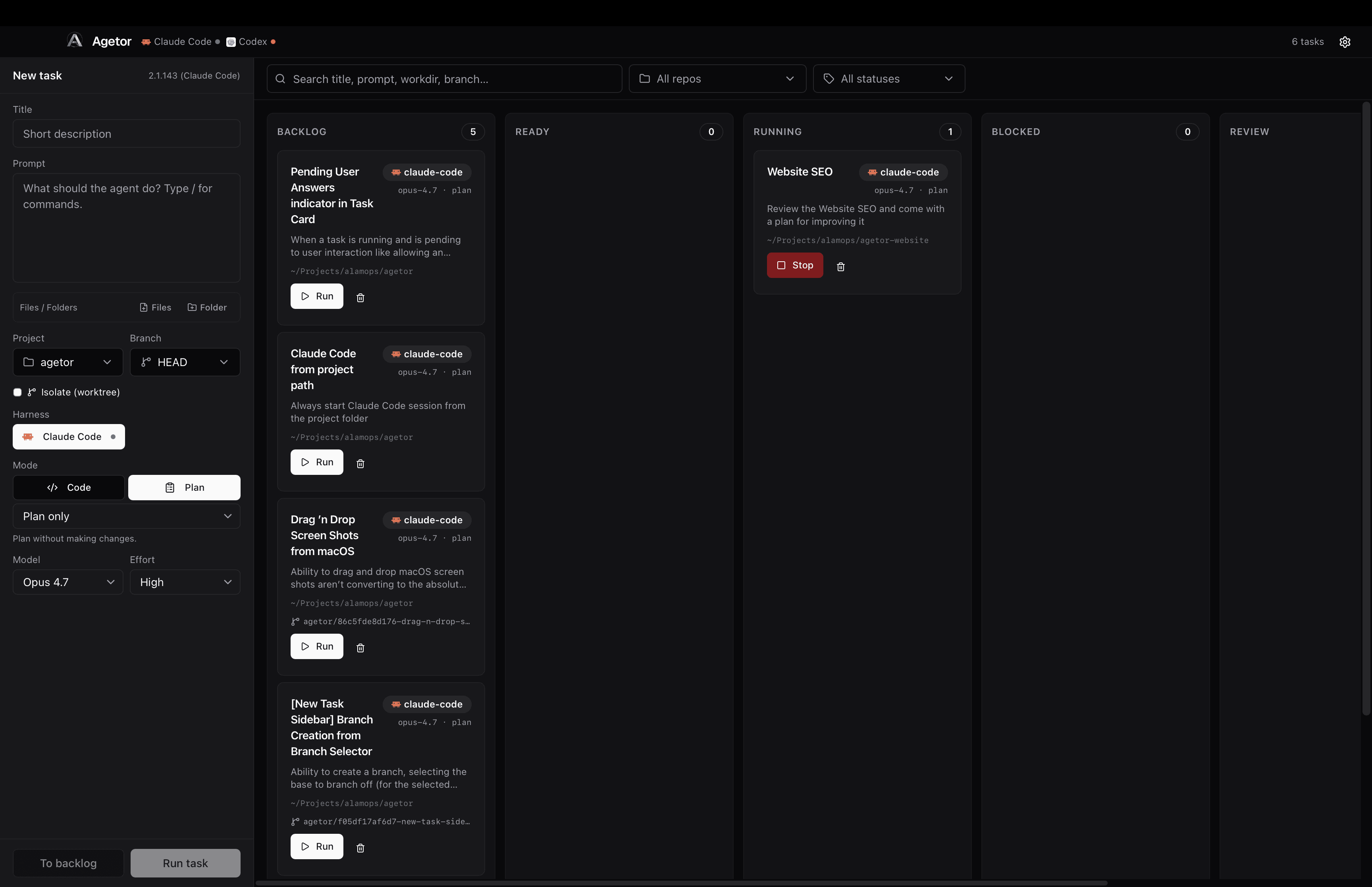 Agetor desktop app showing parallel coding-agent task boards and run output